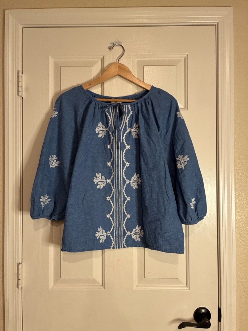St. John's Bay Blue Peasant Top with White Floral Embroidery